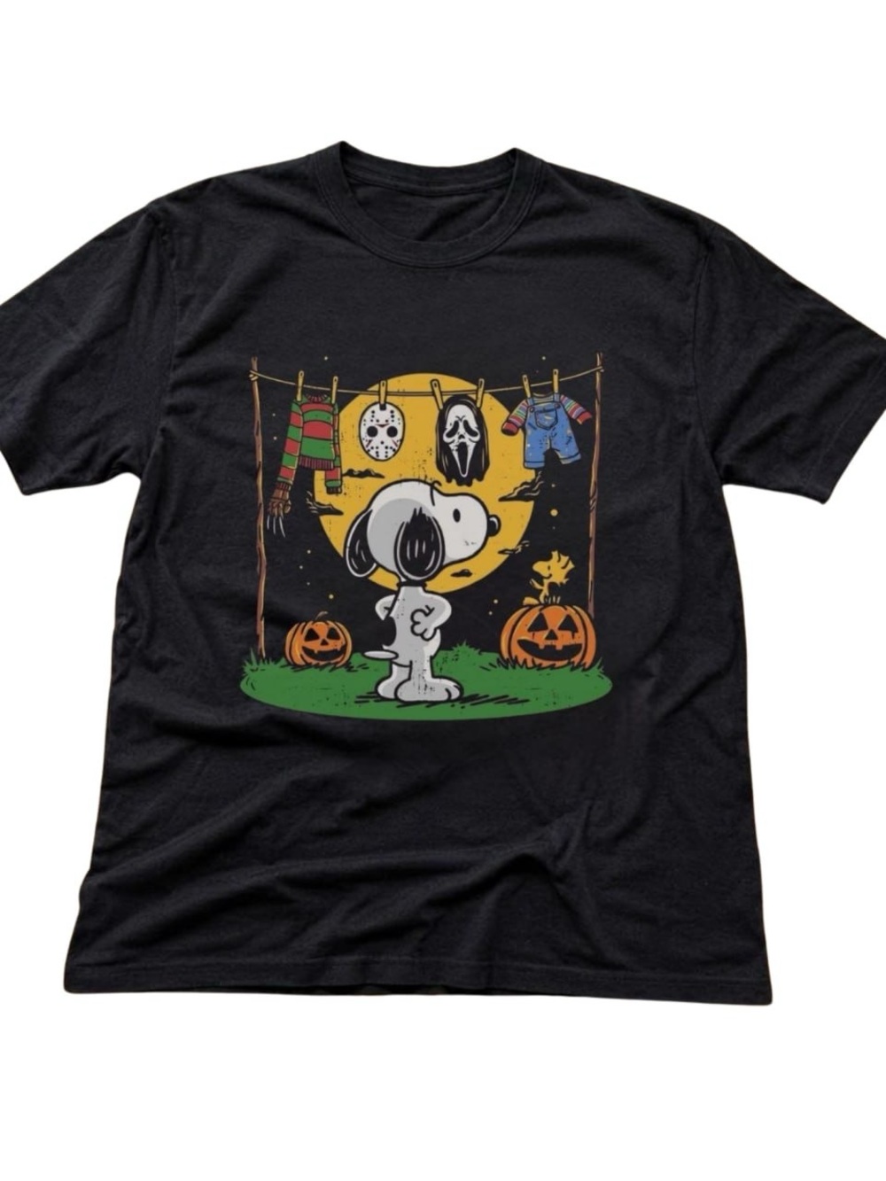 Black Snoopy Halloween Graphic Tee with Orange & Green Accents